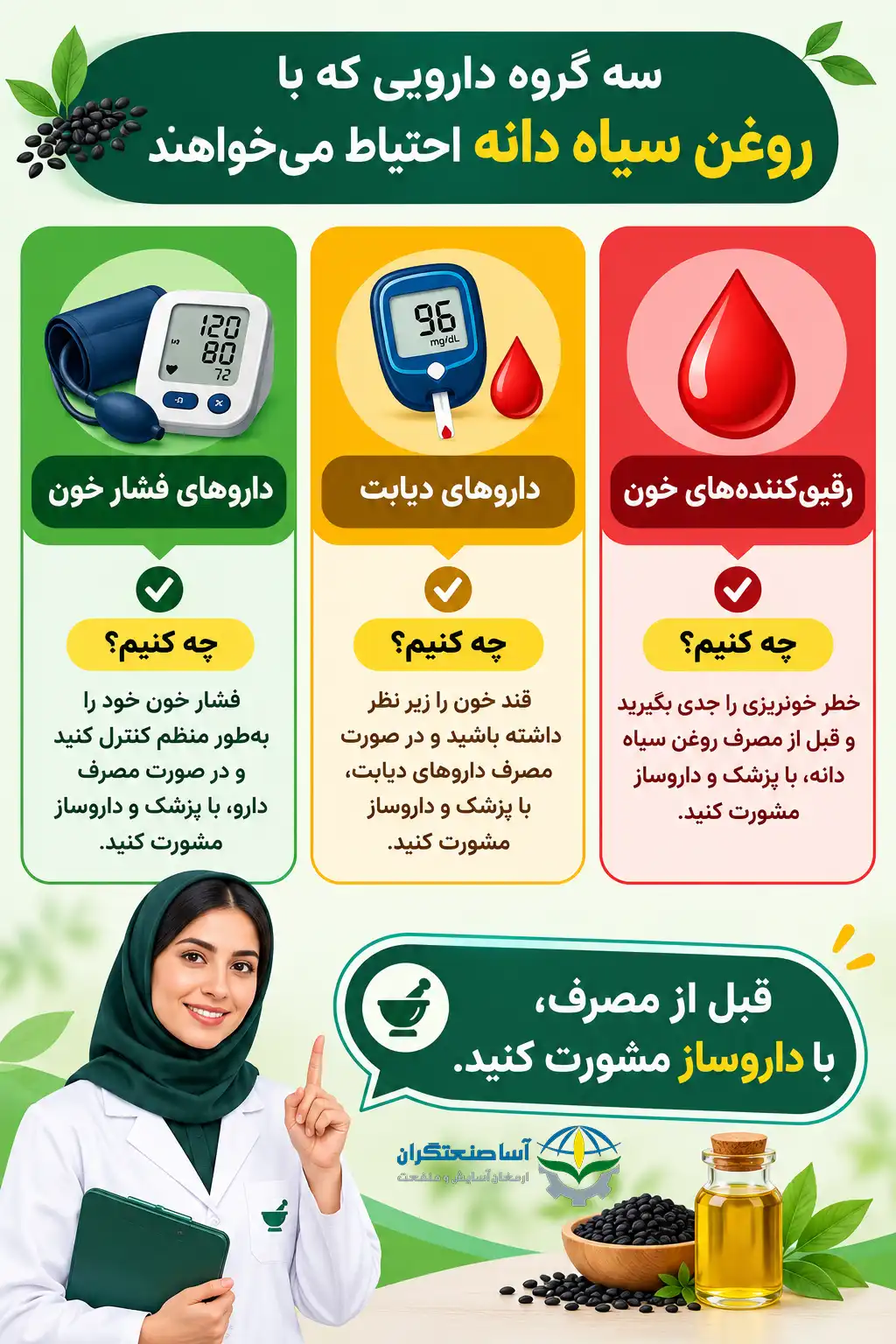 تداخل دارویی روغن سیاه دانه با داروهای فشار خون، دیابت و رقیق کننده خون